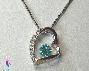 Silver plated heart pendant and chain with turquoise crystal