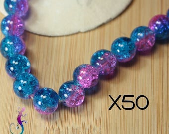 50 beads round 10mm cracked glass blue and pink