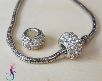 Set of 2 silver metal beads with white rhinestones for European bracelet or necklace