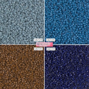 May include: Four different colours of seed beads, from left to right: light blue, blue, brown, and dark blue. The beads are arranged in a grid pattern. The text "MIYUKI ビーズ＆クラフト" is visible in the centre of the image.