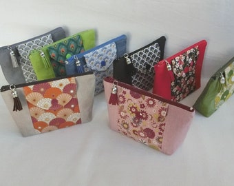 Coin purse with zip closure and 1 flap pocket for Document / Card holder, Makeup pouch, Japanese Cotton Fabric, Women's Gift