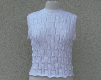 Pull sans manche, Taille 36 / 38, Débardeur à Col rond, Tricot Motif Point ajouré, Vêtement Mode Femme ou Adolescente Tricoté main en laine