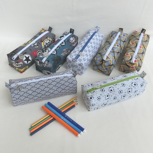 Zipped rectangle pencil case, cotton fabric, pen case, school accessory storage pouch, girl or boy child gift