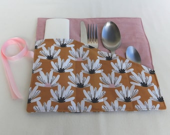 Padded pouch for table cutlery and napkin storage, Lotus flower cotton fabric case, nomadic roll-up case, women's gift