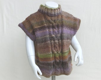 Pull en Laine multicolore, Taille 4 / 5 ans, Enfant Fille, Tunique sans manche, Tricoté main au Point Irlandais à Torsades, Tricot d' Hiver