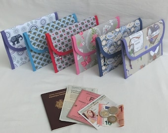 Zippered coin purse with a compartment for personal documents, cotton fabric, women's handbag/clutch, handmade