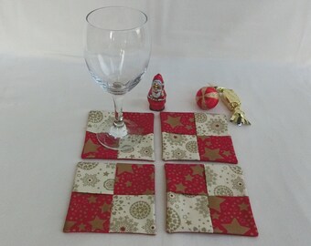 Lot de 4 sous-verres ou sous-tasses, 10 cm X 10 cm, Tissu coton motif de Noël, Dessous de verre carré pour décoration de table de fête