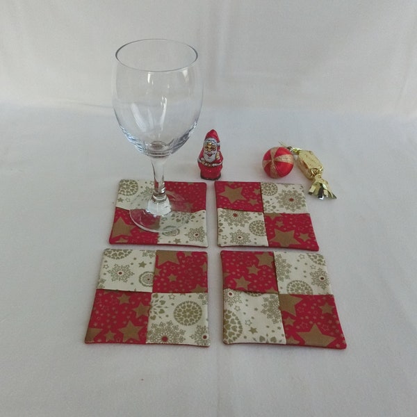 Lot de 4 sous-verres ou sous-tasses, 10 cm X 10 cm, Tissu coton motif de Noël, Dessous de verre carré pour décoration de table de fête