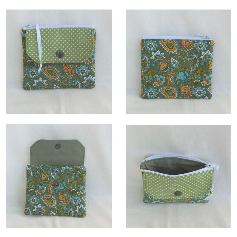 Porte Monnaie d'appoint fermeture zippée et 1 poche à rabat pour Document / Porte cartes, Tissu Fleuri ou Japonais, Pochette de Sac à main Paisley vert