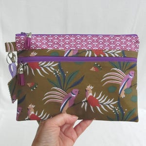 Borsa da donna, 2 tasche con cerniera / cinturino da polso rimovibile, custodia per documenti o telefono, custodia per il trucco, tessuto esotico Cockatoo