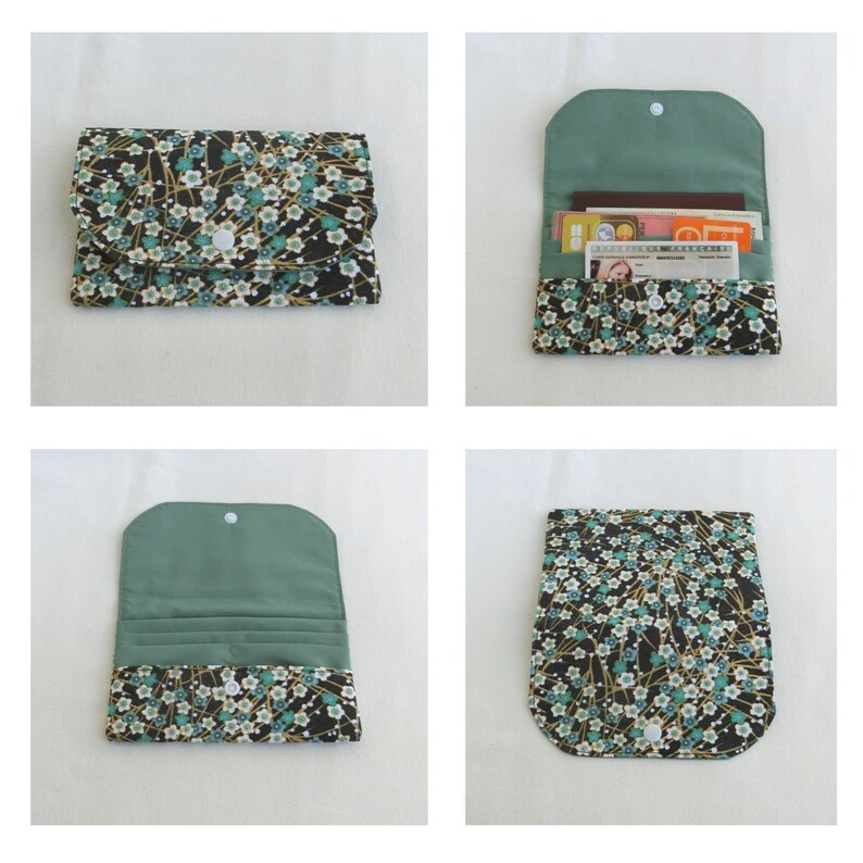 Pochette Porte documents 5 compartiments, Tissu Coton, Fourre tout pour papiers personnels, étui cartes, Trousse Rangement sac à main Femme Fleur du Japon Vert