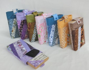 Pocket book pouch and bookmark, cotton fabric protective cover with patchwork pattern pocket, tablet case, e-reader or documents