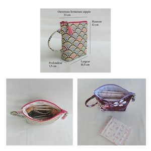 May include: A small zippered pouch with a geometric pattern in shades of gray, pink, and beige. The pouch has a handle and a tassel. The pouch is 13 inches tall, 10.5 inches wide, and 3.5 inches deep.