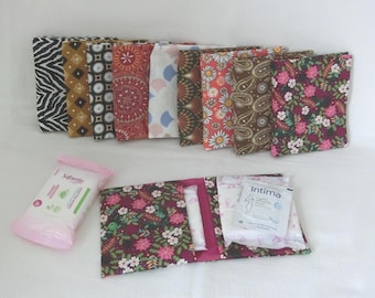 Pouch for sanitary napkins or intimate wipes, Feminine hygiene kit, Cotton fabric, Bag organizer for women or girls