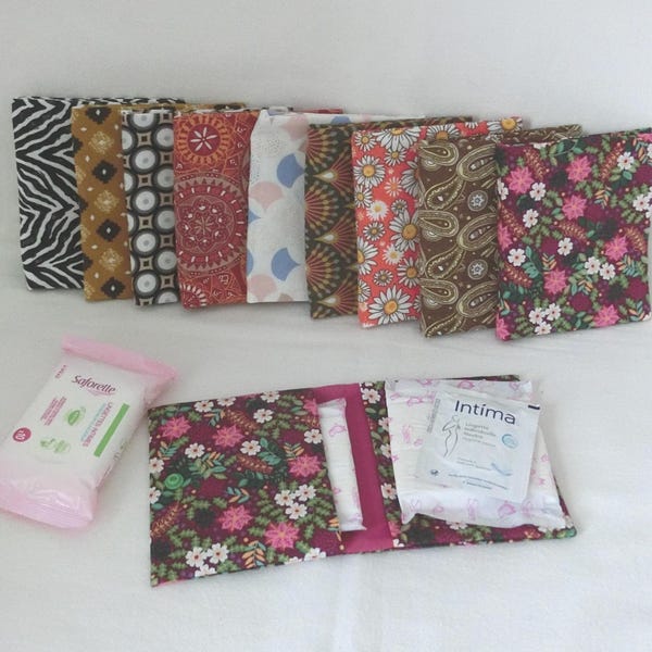Pouch for sanitary napkins or intimate wipes, Feminine hygiene kit, Cotton fabric, Bag organizer for women or girls