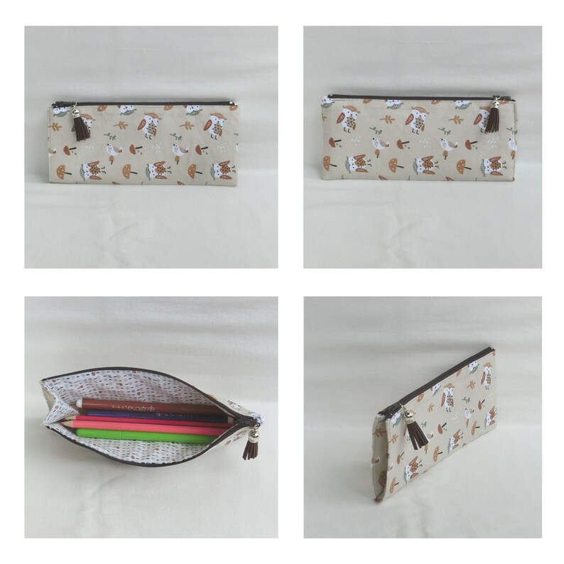 Trousse zippée à soufflet pour crayons, Feutres ou stylos, Tissu coton motif enfantin, étui de Rangement pour Accessoires école ou bureau Chouette