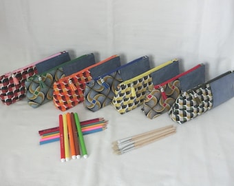 School pencil case, zippered pouch in denim and cotton fabric, for storing pencils, pens or makeup, back-to-school accessory, handmade
