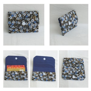 Porte Cartes / Pochette avec 3 poches de rangement, Carte bancaire, de fidélité, Carte bleue, Cartes de visite, Tissu Fleur du Japon, Cadeau Fleur du Japon Bleu