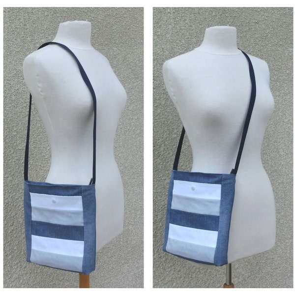 Sac à bandoulière, Tissu Coton Jeans recyclé, Sac Besace fermeture zippée avec poches, Fourre tout porté épaule, Cadeau Femme