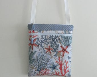 Padded shoulder bag, 25 x 21 cm, 2 zipped pockets, Coral and starfish print fabric, Women's shoulder tote bag