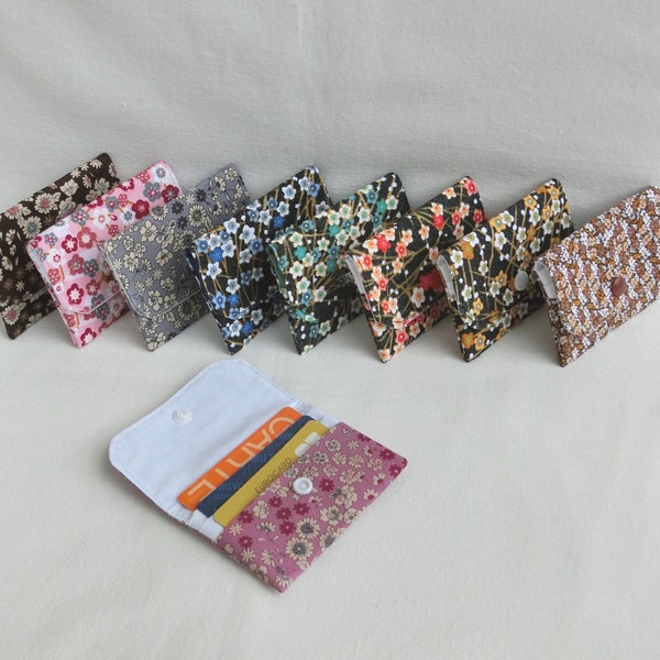 Porte Cartes / Pochette avec 3 poches de rangement, Carte bancaire, de fidélité, Carte bleue, Cartes de visite, Tissu Fleur du Japon, Cadeau