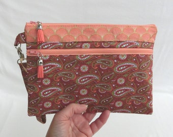 Pochette avec 2 poches Zippées et dragonne amovible, Trousse à document, téléphone ou maquillage, Tissu Paisley et éventail Bio, étui Femme