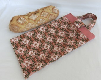 Bag for long bread, half baguette or Viennoiserie, Lined bag with handles, Flowered cotton twill fabric, Zero waste kitchen accessory