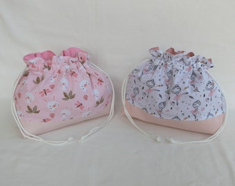 Sac Pochon en Tissu Coton et Simili Cuir, Pochette Multi usages Rangement Lingerie / Trousse pour Produits de toilette, Bébé ou Enfant Fille