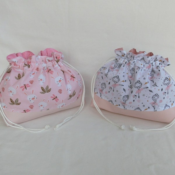 Sac Pochon en Tissu Coton et Simili Cuir, Pochette Multi usages Rangement Lingerie / Trousse pour Produits de toilette, Bébé ou Enfant Fille