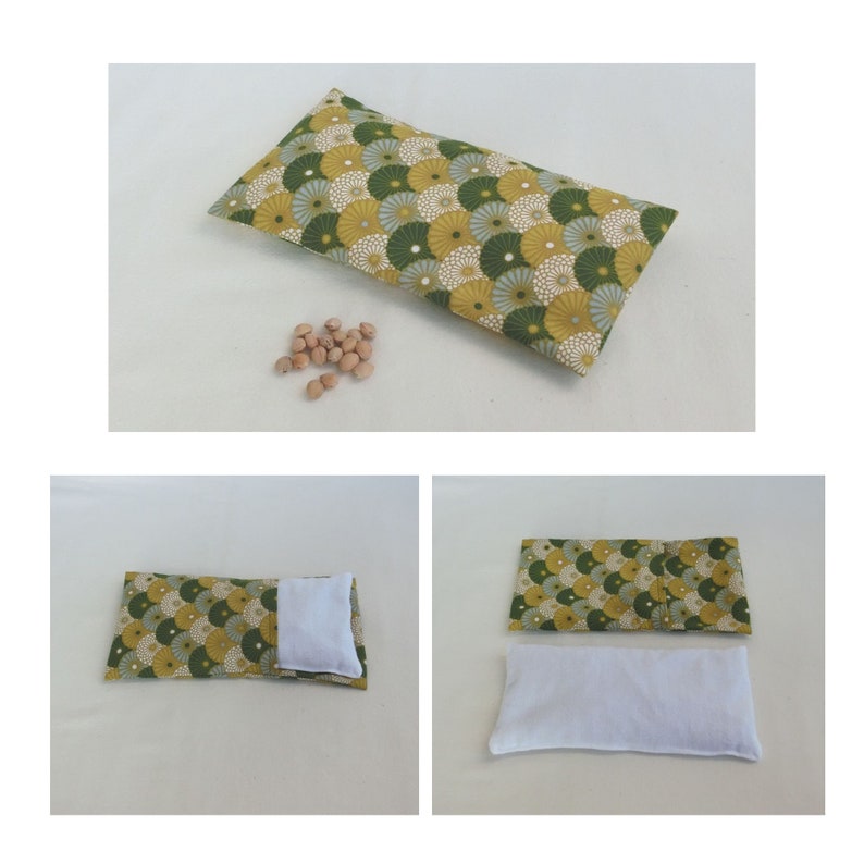 Bouillotte sèche déhoussable au Noyaux de cerises / 22 cm X 11 cm / Coussin relaxant, Tissu Coton Japonais, Cadeau Femme Fête des Mères Hiro Vert