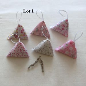 Può includere: Sei sacchetti di stoffa triangolari con passanti in nastro bianco, caratterizzati da vari motivi floreali e a pois rosa, bianchi e beige. Il testo Lot 1 è stampato in nero sopra gli articoli, disposti con due rametti di lavanda essiccata.