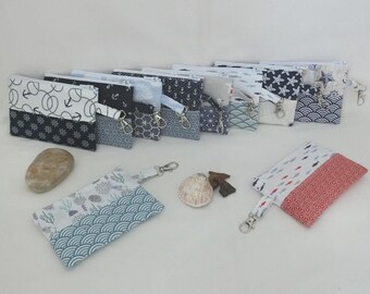 Zipped coin purse with carabiner, nautical seaside fabric, card holder, billfold, small coin purse, handmade in France