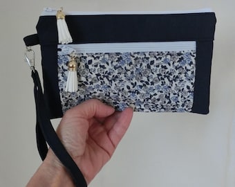 Handbag with zip closure and wrist strap, Storage for Documents, Cards, Wallet, Stretch Denim and Floral Fabric, Women's Pouch