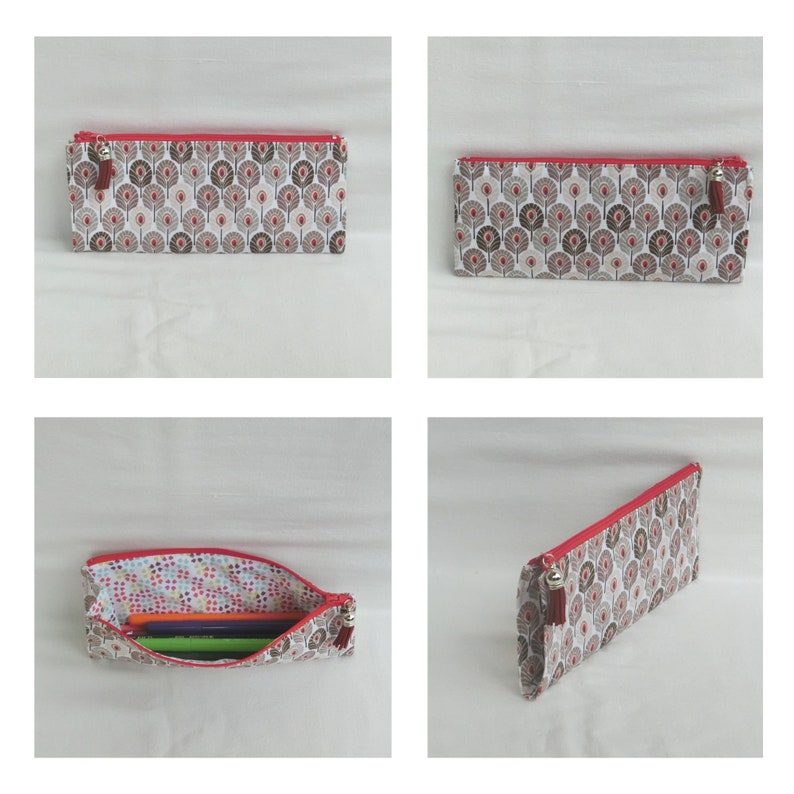 Trousse zippée à soufflet pour crayons, Feutres ou stylos, Tissu coton motif enfantin, étui de Rangement pour Accessoires école ou bureau Plumes de paon