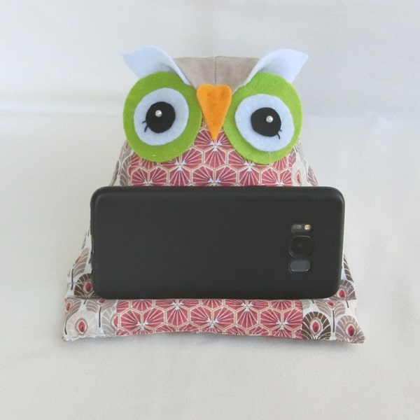 Support Hibou, Tissu Coton, Coussin Porte Téléphone, Tablette, Télécommande, Liseuse, IPad, Idée décoration, Cadeau Femme, Homme ou Enfant