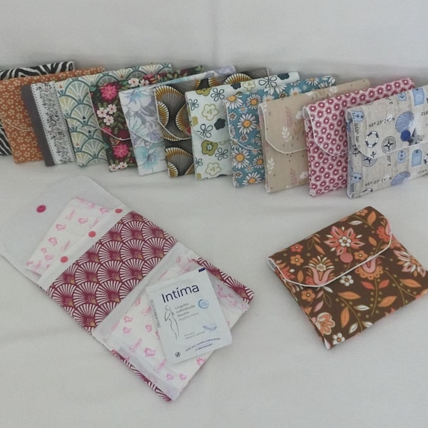 Two-compartment pouch for sanitary napkins or intimate wipes, Feminine hygiene kit, Cotton fabric, Women's storage case