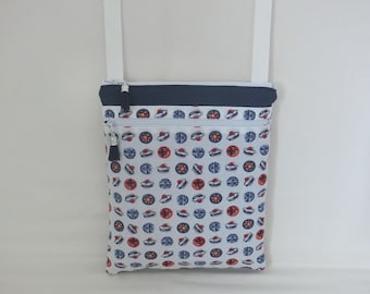 Padded shoulder bag, 25 x 21 cm, 2 zipped pockets, Cotton fabric, Sailor print, Women's satchel, Shoulder tote bag