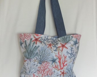 Beach bag, Coral Starfish Fabric and Recycled Denim, Shoulder Tote Bag, Handmade Bag, Summer Fashion Accessory for Women or Girls