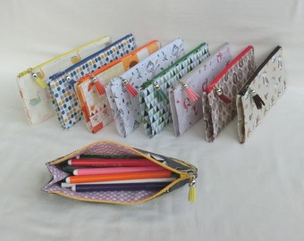 Trousse zippée à soufflet pour crayons, Feutres ou stylos, Tissu coton motif enfantin, étui de Rangement pour Accessoires école ou bureau