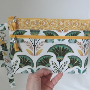 Dames handtas, 2 ritsvakken en afneembare polsband, Documentenmap, Telefoon, Make-up, Emerald Palm-stof, Handgemaakt
