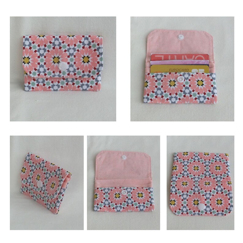 Pochette Porte Cartes de fidélité avec 3 poches de rangement, Carte bancaire, Cartes de visite ou fidélité, étui Tissu Coton Japonais,Cadeau Géométrique Rose