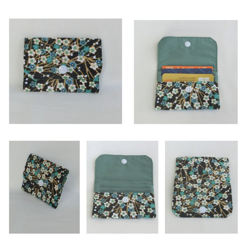 Porte Cartes / Pochette avec 3 poches de rangement, Carte bancaire, de fidélité, Carte bleue, Cartes de visite, Tissu Fleur du Japon, Cadeau Fleur du Japon Vert