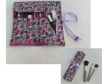 Fleece Rolling Pouch Storage Brushes Accessory Makeup or Pencils, Country Flower Fabric Case, Nomadic Travel Kit