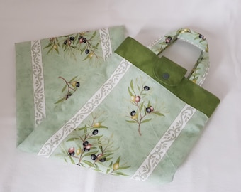 Bread bag for 2 to 3 baguettes, Provençal olive branch fabric, lined bag with handles, kitchen accessory, handmade gift for women