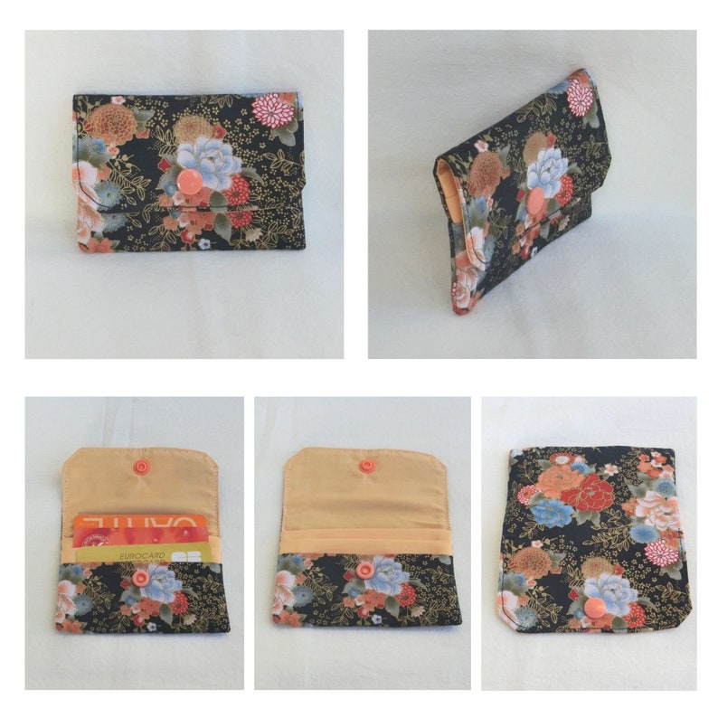 Pochette Porte Cartes de fidélité avec 3 poches de rangement, Carte bancaire, Cartes de visite ou fidélité, étui Tissu Coton Japonais,Cadeau Fleur japon marine