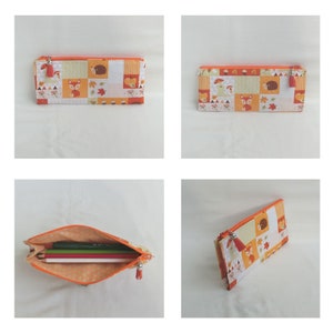 Trousse zippée à soufflet pour crayons, Feutres ou stylos, Tissu coton motif enfantin, étui de Rangement pour Accessoires école ou bureau Renard et Hérisson