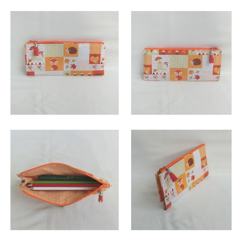 Zipped pouch with bellows for pencils, felt-tip pens or pens, cotton fabric with childish pattern, storage case for school or office accessories Renard et Hérisson
