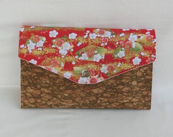 Pochette Porte documents 3 compartiments, Tissu Liège et Coton éventail Japonais, Pochette à main, Grande Trousse de Rangement, Cadeau Femme