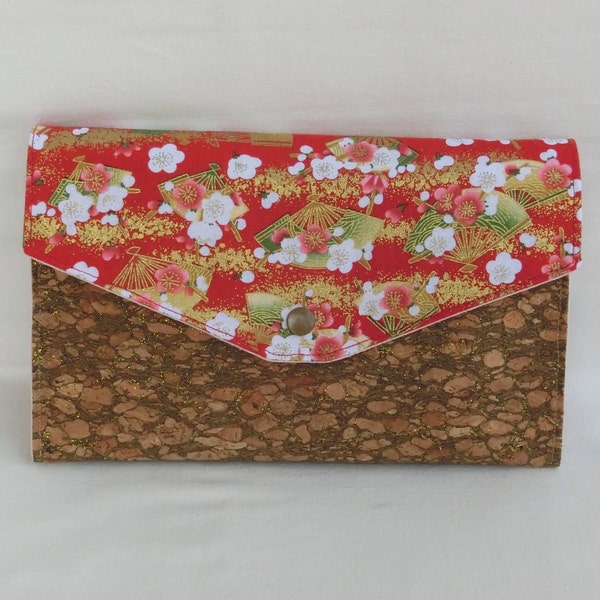 Pochette Porte documents 3 compartiments, Tissu Liège et Coton éventail Japonais, Pochette à main, Grande Trousse de Rangement, Cadeau Femme