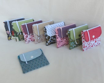 Extra coin purse with zip closure and 1 flap pocket for Document / Card holder, Floral or Japanese Fabric, Handbag Pouch